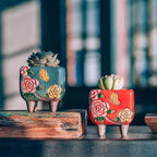 3.63 Inch Hand Painted Succulent Planter with Drainage and Saucers Ceramic Cactus Planter Pot Clay Pot Floral Design Indoor Outdoor Set of 3 (Green Yellow Red) - Image 4