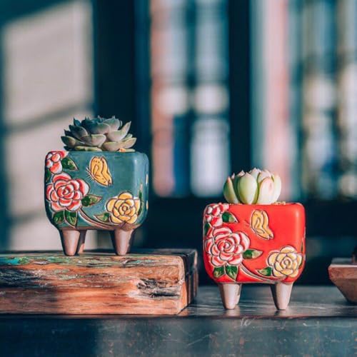 3.63 Inch Hand Painted Succulent Planter with Drainage and Saucers Ceramic Cactus Planter Pot Clay Pot Floral Design Indoor Outdoor Set of 3 (Green Yellow Red) - Image 4