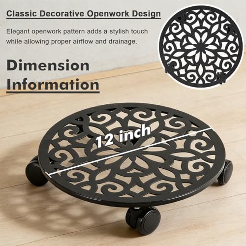 Plant Caddy with Wheels, 3 Pack 12” Rolling Plant Stand Plant Rollers Heavy Duty Plant Dolly with Casters Indoor & Outdoor Wrought Iron Metal Plant Tray with Lockable Wheels for Large Flower Pots - Image 3