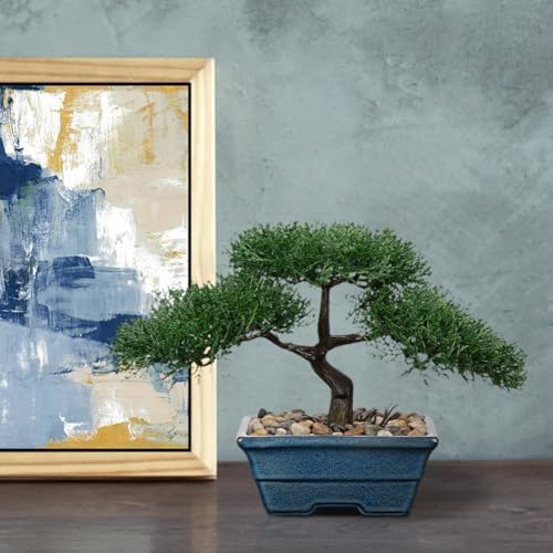 Artificial Bonsai Tree Juniper Faux Plants Indoor Fake Plants Decor with Blue Ceramic Pots for Home Table Office Desk Bathroom Shelf Bedroom Living Room Farmhouse Decorations-Pine - Image 3