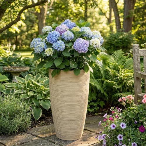 ZMTECH 4 Pack Plastic Planters 21/18/12/10in, Beige Faux Stone Finish Round Flower Pots with Drainage Holes & Saucers, Large Tall Plant Pots for Indoor Outdoor, Patio Garden Decor, Plant Containers - Image 3