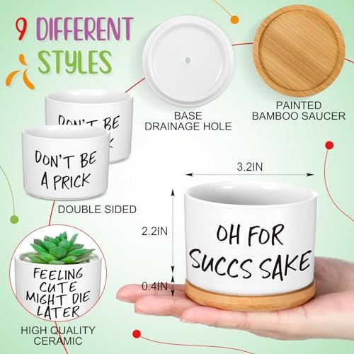 Domensi 9 Pcs Funny Succulent Pots Ceramic Planters Bamboo Tray,Funny - Image 2