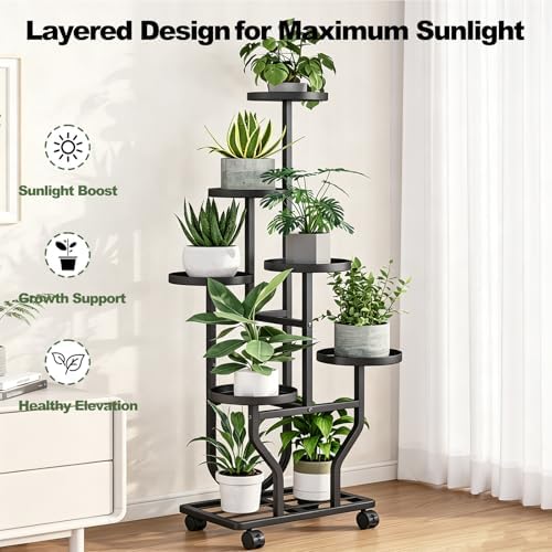 Plant Stand with Wheels, Black 6 Tier Metal Plant Shelf for Indoor Outdoor - Image 5
