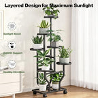 Plant Stand with Wheels, Black 6 Tier Metal Plant Shelf for Indoor Outdoor - Image 5