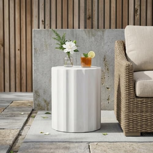 ø15.25'' Concrete Side Table End Table for Outdoor & Living Room, Modern Retro Round Circle Style, Durable and Lightweight, Cement Material, Diamond Pattern, No Assembly, Antique White by JJKFurniture-kevinplus