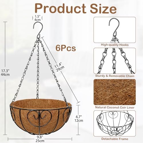 10 inch Metal Hanging Baskets for Plants Outdoor, 6 Pack Metal Wire Hanging Basket Planter with Coco Liner Flower Pots for Indoor Outdoor Garden Porch Patio, Heart-Shaped - Image 3