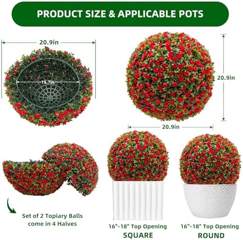 21.6 Inch Artificial Hanging Topiary Balls Set of 2, Faux Flower Balls for Garden Patio Wedding Valentine's Day Decor, Outdoor Indoor Hanging Decorations for Porch Front Door Party,Red - Image 5