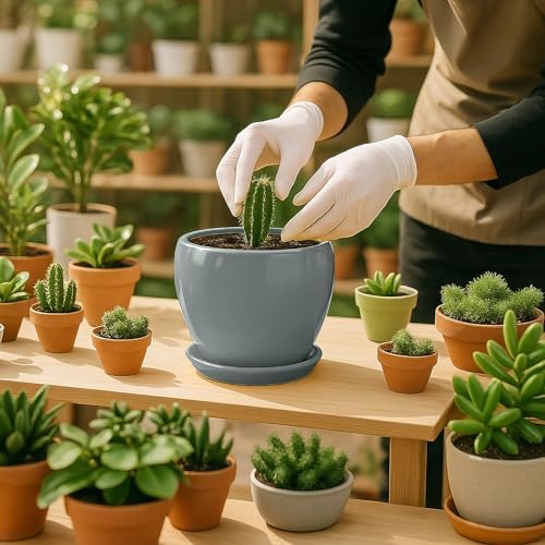 Deep Dream 8 Inch Plant Pots- Ceramic Pots for Plants with Drainage Hole and Saucer, Large Planter Pot for Indoor Plants Outdoor Decor, Grey - Image 4