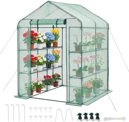 VEVOR Walk-in Greenhouse, 55.5" x 56.1" x 78.7" Greenhouse for Outdoors with PE Cover, 2 Tiers 8 Shelves, Roll-Up Zipper Door, Walk in Green House, Portable Plant Garden Hot House for Backyard Outside by VEVOR