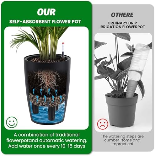 Set of 4 Tall 16 Inch Self-Watering Flower Pots – Large Black Planters with Drainage & Water Level Gauge – Ideal for Indoor and Outdoor Plants – Great for Patio, Porch, Front Door, Garden - Image 2