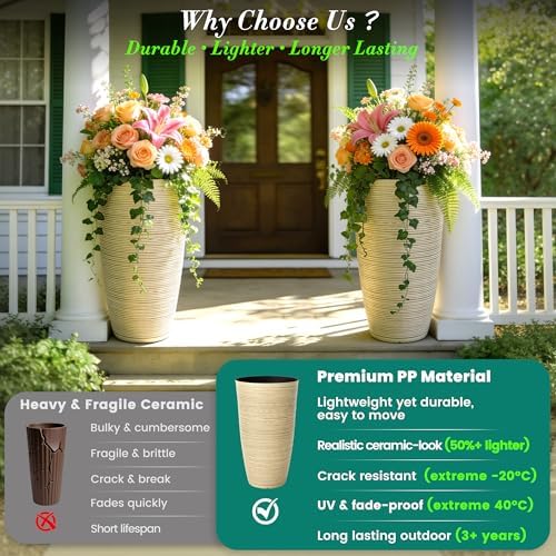 24" Large Outdoor Planters for Plants, Cream Beige Tall Flower Pots - Image 3