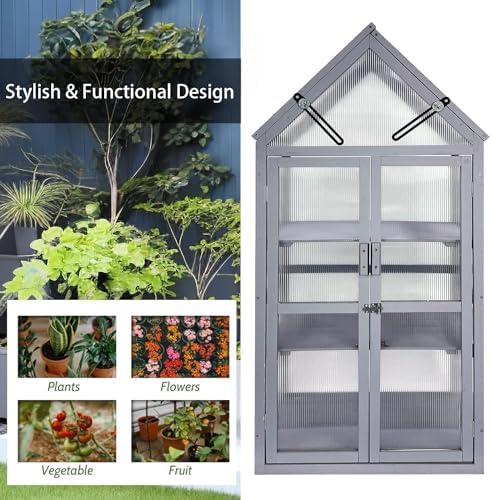 Mini Greenhouse, Small Green House, Outdoor Plant Stand, 3-Tier Wood Cold Frame with Adjustable Shelves, Portable Plant Stand Cabinet for Indoors Garden & Patio, UV-Resistant (Gray-2) - Image 3