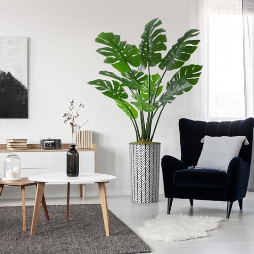 Artificial Tree in Black and White Geometric Planter, Fake Monstera Silk Tree for Indoor and Outdoor Home Decoration - 65" Overall Tall (Plant Pot Plus Tree) by SIGNWIN
