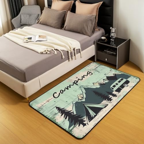 Erosebridal Rv Woodland Tent Area Rug 4'11" x 3'3" Happy Camping Mountain Living Room Rugs Wooden Board Simple Camper Decorative Carpet Retro Light Blue Indoor Floor Mat - Image 3