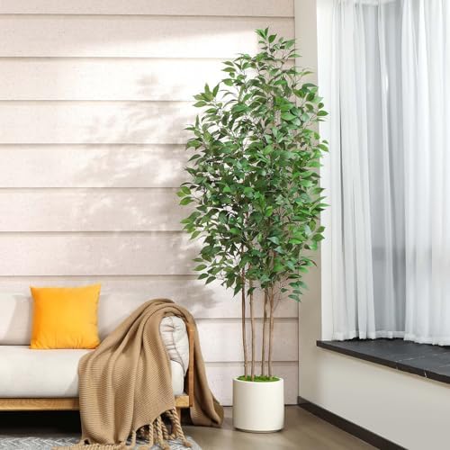 SOGUYI Ficus Artificial Tree 7ft Fake Silk Plant for Home Decor Indoor, Faux Tree in White Imitation Ceramic Planter Fake Floor Plant for Living Room and Home Office Corner Indoor Decor, Set of 1 - Image 2