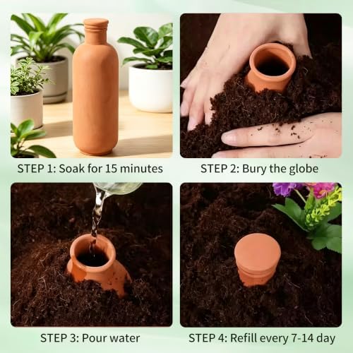 4 Pack Terracotta Self Watering Plant Bottles 900ml Automatic Clay Watering Globes with Free Garden Fork Spoon for Houseplants Outdoor Garden Plants - Image 3