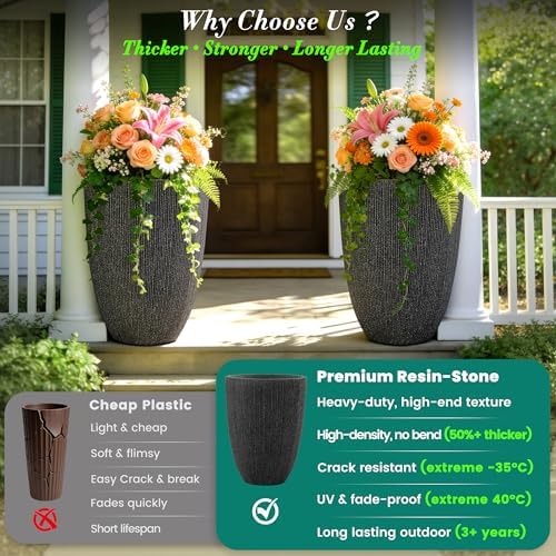 19" Black Concrete-Look Resin Tall Planters with Fluted Texture - Image 6