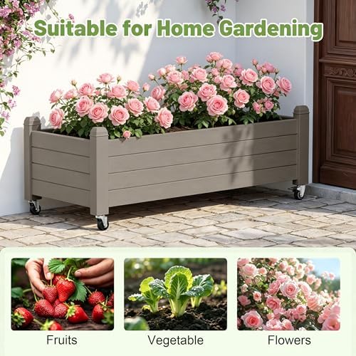 Raised Garden Bed with Wheels, Rolling Resin Planter Box, Gray - Image 5
