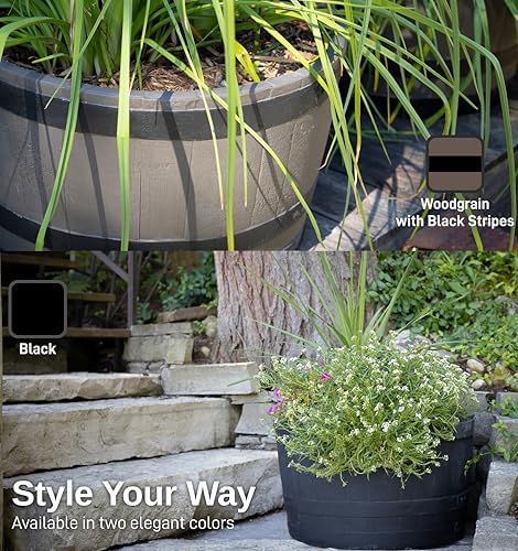 RTS Home Accents Polyethylene Whiskey Barrel Planter for Indoor or Outdoor Gardening, Black (2 Pack) - Image 6