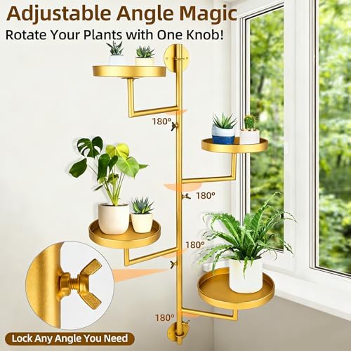 Rotating Window Plant Shelves with Adjustable Knobs, 4 Tiers Metal Wall Shelf for Plants Indoor, Sturdy Hanging Plant Holder, Window Wall Decor & Gardening Gifts (Golden) - Image 2