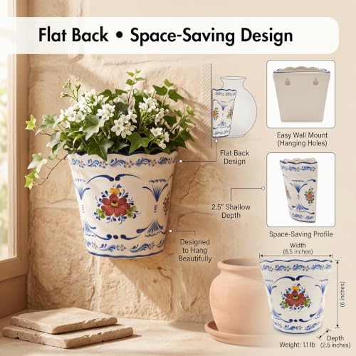 Faireal Hand Painted Portuguese Pottery Alcobaça Ceramic Wall Planter Flower Pot Made in Portugal, 6.5'' x 2.5'' x 6'' inches, (AVID-574) - Image 2