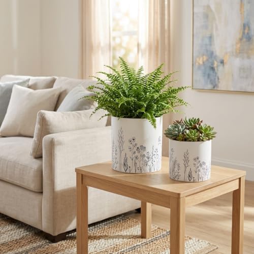 Home Decor Planters and Flower Pots – Planters for Indoor and Outdoor Decor with Wildflowers Design – Contemporary Plant Stand That Elevate Patio, Garden, and Room Decor Set of 2 – 8", 6" White & Navy - Image 3
