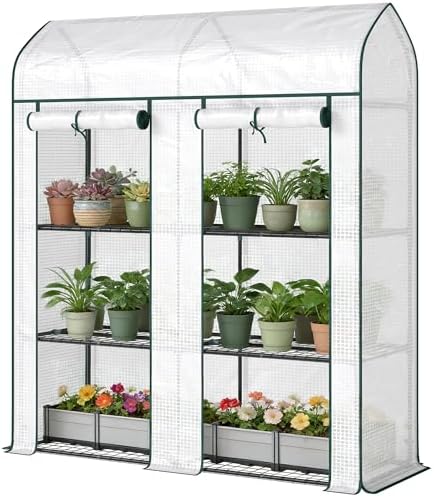 Mini Greenhouse, White 3-Tier Portable Greenhouse and Small Plant House with 2 Roll-Up Doors, 56.3 x 18.1 x 65 in Greenhouse Cabinet for Patio Balcony Garden - Image 2