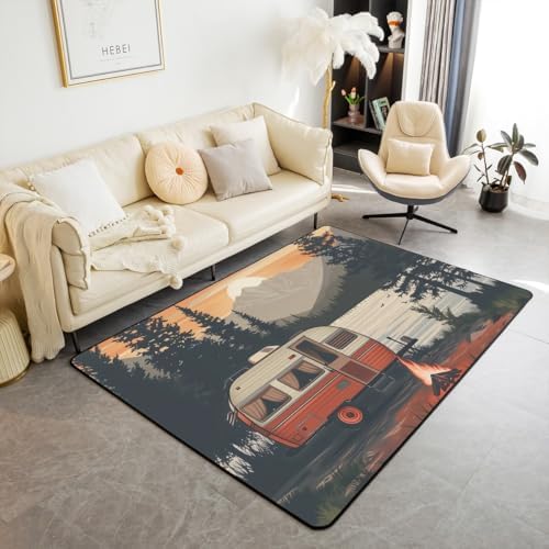 Erosebridal Sunset Rv Campfire Area Rug 4'11" x 3'3" Woodland Lake Mountains Living Room Rugs Camping Cartoon Nature Decorative Carpet Farmhouse Black Red Indoor Floor Mat by Erosebridal