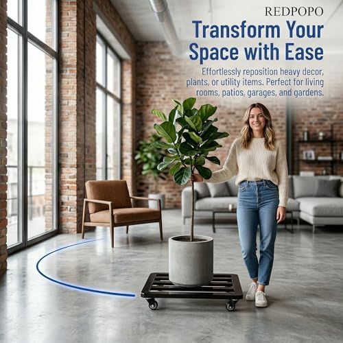 20IN Plant Caddy with Wheels Heavy Duty ,Rounded-Square Metal Rolling Plant Stand Lockable Casters, Rust-Proof Plant Dolly Indoor Outdoor Use for Large Planters - Image 2