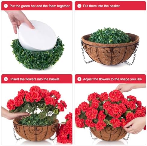INSPRING Geraniums Artificial Flowers Hanging Basket for Outdoors Outside Decoration, 8 Bundles Silk Flowers Fake Plants Look Real UV Resistant for Porch Home Patio Balcony Yard, Red - Image 6