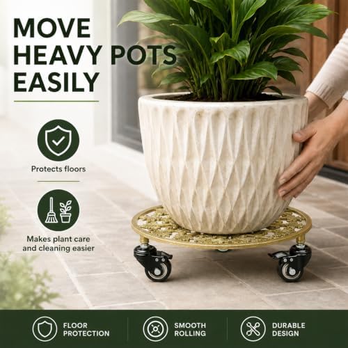 2 Pack 11" Heavy Duty Round Metal Plant Caddy with Wheels, Gold - Image 6