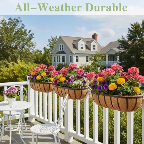 24 Inch Railing Planter Window Box Deck Balcony Rail Planter with Coco Liner Metal Wall-Mounted Coconut Liner Planter Basket English Horse Trough Planters for Outdoor Balcony Porch Fence (2 Pack) - Image 6