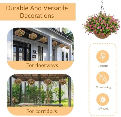 NETAP Artificial Hanging Flowers Basket for Outdoor, 16 Fake Flowers Look Real UV Resistant, Faux Hanging Plants for Porch, Balcony, Patio, Garden, Spring Summer Decor,Pink - Image 6