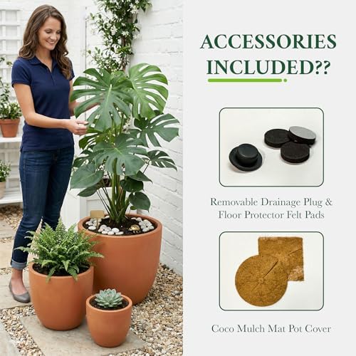 DTY Mount Yale 19.7" D x 18.9" H (Pot Opening 15.4") Fiberstone Planter with Drainage Hole, Weather Resistant for Indoor and Outdoor, 2 Extra Coco Mats - Terracotta, Large - Image 6