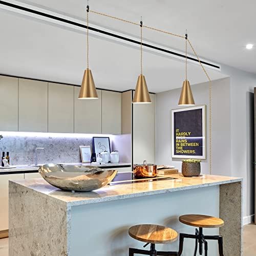 Gold Plug In Pendant Light,Hanging Lights With Plug In Cord On/Off Switch, Mini Brass Pendant Lights for Kitchen Island,Modern Chandeliers Light Fixture with Metal Shade,Hanging Lamps for Bedroom - Image 3