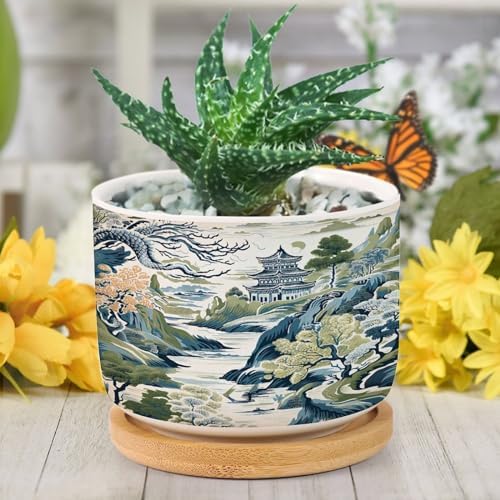 Trend Dragon and Print Ceramic Planters Chinoiserie Asian Inspired Planters for Indoor Plants with Drainage Holes and Saucers Pot for Outdoor Garden Home Plant - Image 6