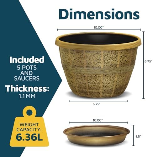 10-Inch Whiskey Barrel Planters Outdoor Pack of 5 - Durable Plastic Plant Pots for Indoor & Outdoor Use with Drainage & Saucer, Lightweight Rustic Barrel Planters for Flowers, Herbs & Small Plants - Image 2