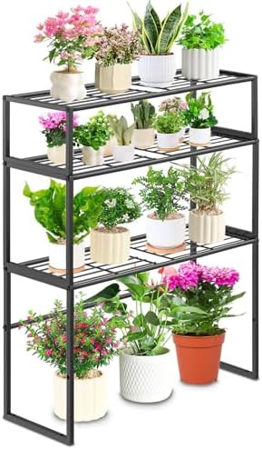 Metal Plant Stand Indoor Outdoor, 3 Tier Potted Multiple Flower Pot Holder Rack Plant Shelf, Heavy Duty Planter Display Shelving for Patio Balcony Garden Living Room Decorative (Black-3 Tier) by Gouisalin