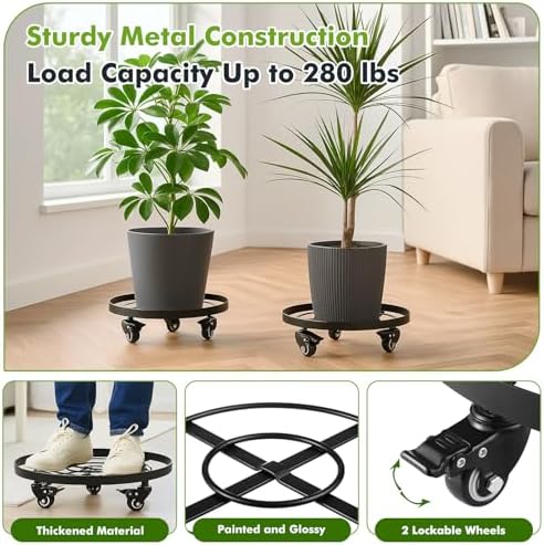 3 Packs 12.6 Inch Large Metal Plant Caddy with Wheels Plant Dolly with Casters Heavy-duty Rolling Wheeled Plant Stand for Indoor Outdoor Flower Pot Mover Rollers Coasters Black, Strong Load Capacity - Image 4