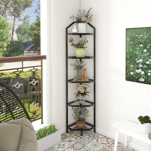 5-Tier Corner Shelf Stand, Black Corner Bookshelf, Bathroom Storage Rack Shelf, Plant Rack, Tempered Glass, Steel Frame, Modern Style for Living Room, Bathroom, Kitchen, Metallic Black - Image 6