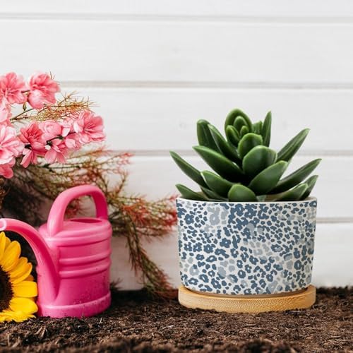 Leopard Dot Planter Ceramic Blue African Tribal Round Plant Pots with Drainage Holes and Bamboo Tray Pot for Succulents Cactus Garden Windowsill - Image 5