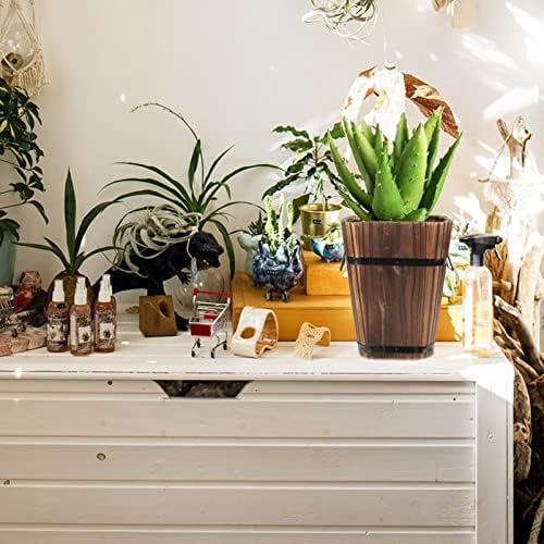 YARDWE Wood Barrel Flower Pot Planter: Whiskey Barrel Planter Outdoor Indoor Vintage Flower Container for Home Room Office Garden Plant Holders 27x21cm Whiskey - Image 5