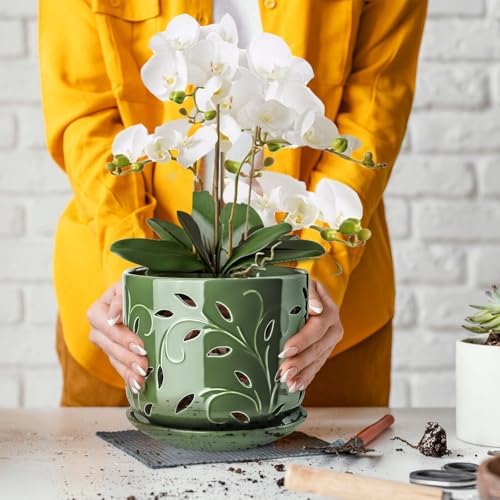 EFISPSS Orchid Pots with Holes, 7 Inch Orchid Pots with Drainage Holes and Tray, Indoor or Outdoor Large Pot for Orchid Care,Durable for Repotting or New Plants - Green - Image 5