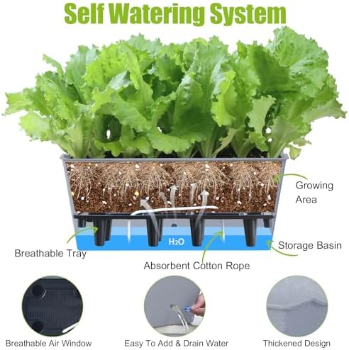 Window Box Planter 6 Pcs, 16.5 Inches Self Watering Rectangle Flower Plant Pots with Drainage Holes Trays, Vegetable Planters for Windowsill Patio Garden Balcony Porch Yard (Grey) - Image 3