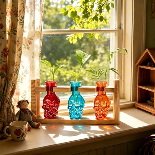 Plant Propagation Station with Skull Glass Vases, 3 Propagation Tubes in Wooden Stand, Hydroponic Decor for Home(Color4) - Image 4