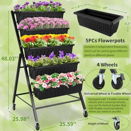 Homdox 4FT Vertical Garden Bed, 5 Tiers Raised Garden Planter, 25.6 * 26 * 48Inch with 4 Hooks & 4 Wheels, Vegetable Flower Stand for Garden Patio Yard, Black - Image 2