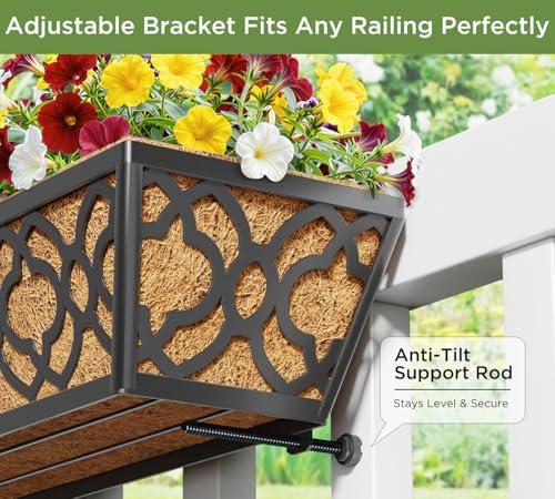 Y&M 36 Inch Window Deck Planter with Coco Liner, Metal Hanging Flower Boxes for Fence, Railing, Balcony, and Outdoor Garden Lawn – 4pcs - Image 3