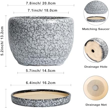 SQOWL 8 inch Plant Pot - Ceramic Planter with Drainage Hole and Saucer, Round Flower Pot for Indoor Plants, Decorative Planter Outdoor, Patio Balcony Decor, House Warming Gifts, Black and White - Image 3