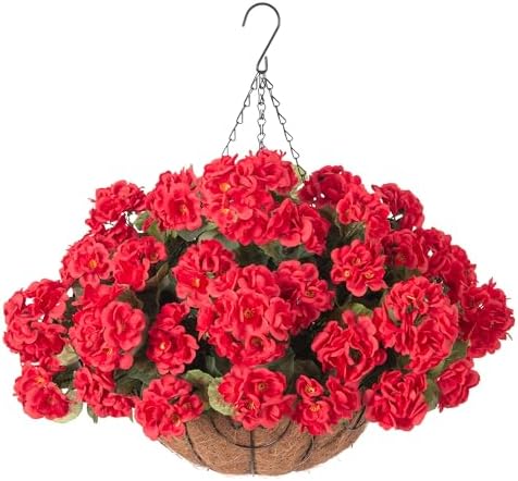 INSPRING Geraniums Artificial Flowers Hanging Basket for Outdoors Outside Decoration, 8 Bundles Silk Flowers Fake Plants Look Real UV Resistant for Porch Home Patio Balcony Yard, Red by INSPRING