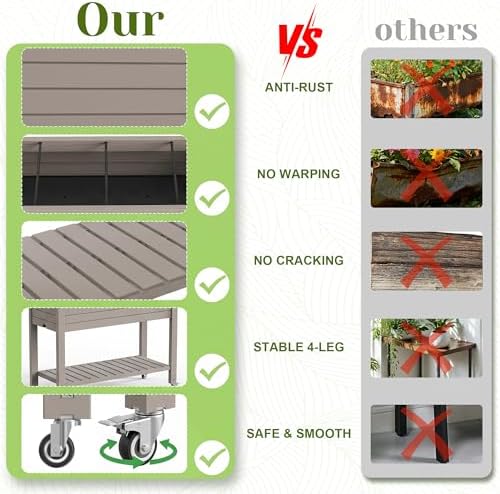 Outdoor Patio Raised Garden Bed Elevated Planter Box Resin Plant Stand Gardening with Storage Shelf Legs Wheels Drainage Water Gauge Light Brown - Image 6